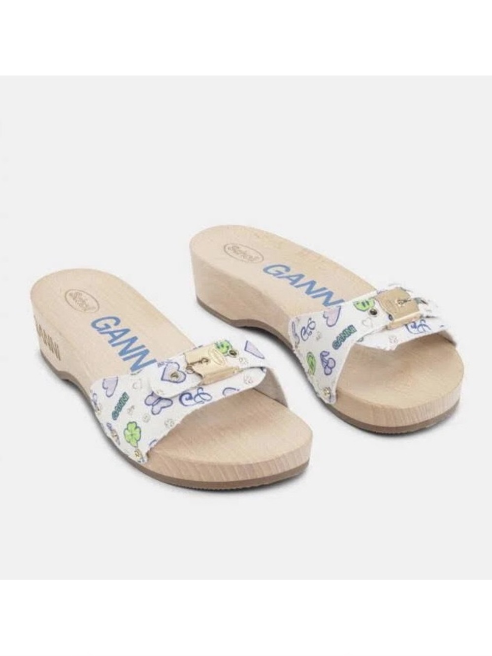 NWOT GANNI x Dr. Scholl’s Pescura Wooden Sandal Clogs in Wood Smile Emote White
